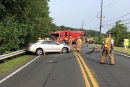 Two people are injured after a crash in Olney, Maryland, on Wednesday, June 5. (Courtesy Montgomery Fire and Rescue Service) 