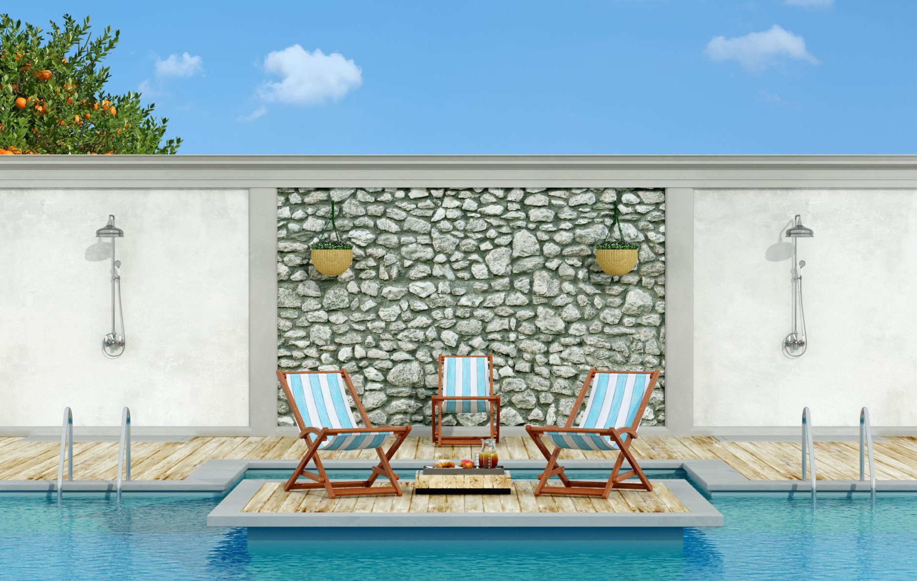 Garden with stone wall, swimming pool,deck chair and shower  in a sunny day - 3d Rendering