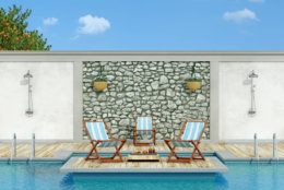 Garden with stone wall, swimming pool,deck chair and shower  in a sunny day - 3d Rendering