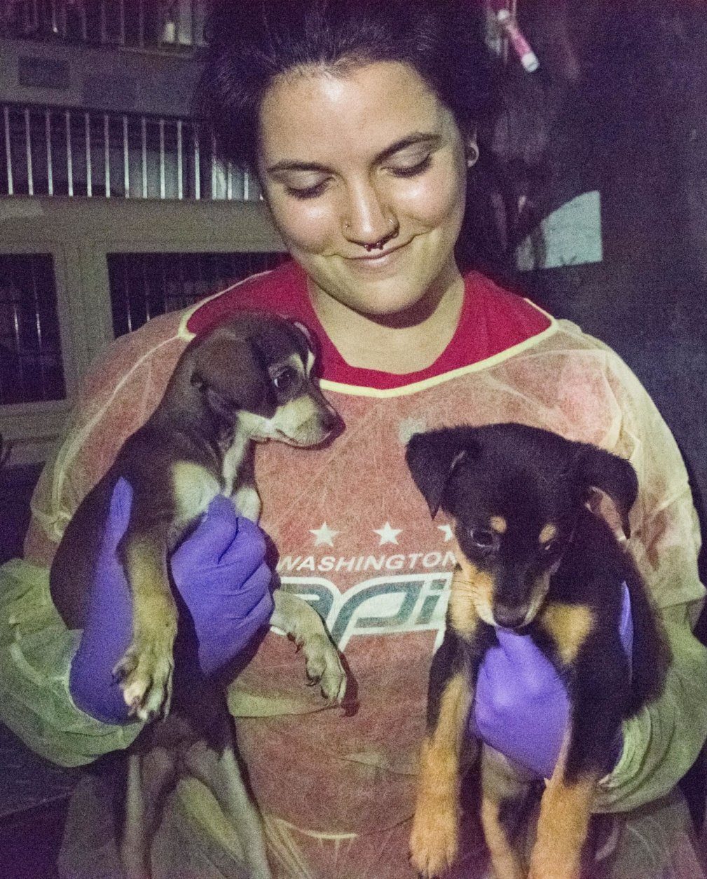 Humane Rescue Alliance worker smiles while holding two puppies