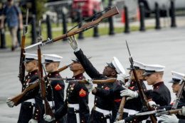 The Marine Silent Drill Team Performs at President Donald Trump's 'Salute to America' event honoring service branches on Independence Day, Thursday, July 4, 2019, in Washington. President Donald Trump is promising military tanks along with "Incredible Flyovers &amp; biggest ever Fireworks!" for the Fourth of July. (AP Photo/Andrew Harnik)