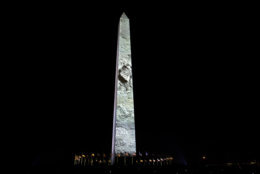 Neil Armstrong foot print on the rocky Moon is projected on the Washington Monument, during the 50th anniversary of the Apollo moon landing festivities at the National Mall in Washington, Friday, July 19, 2019. (AP Photo/Jose Luis Magana)