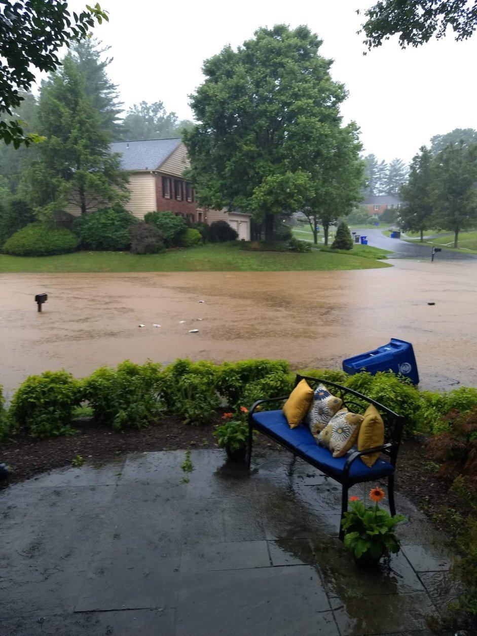 Severe flooding in a residential neighborhood in Potomac, Maryland