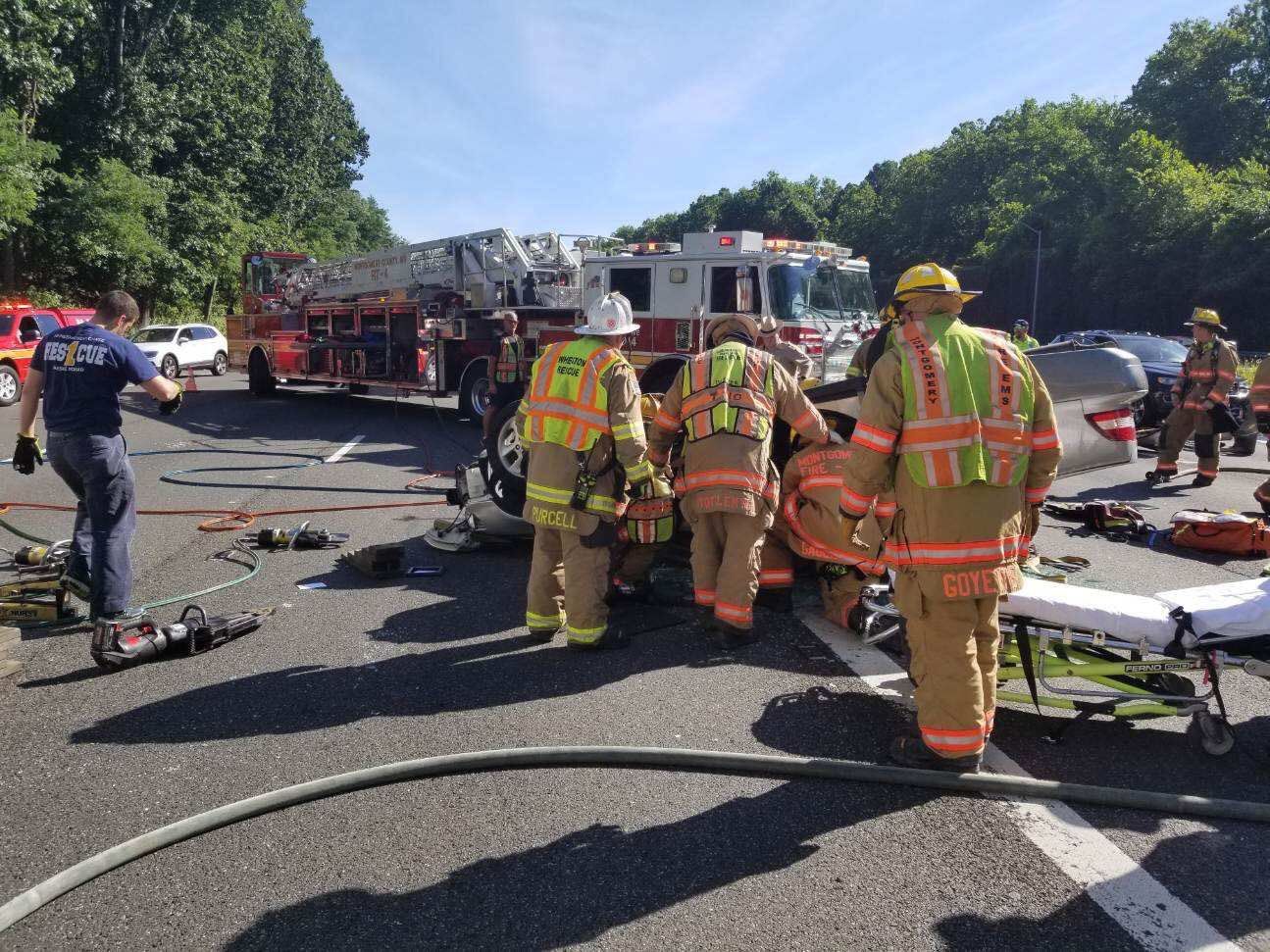 An injured person had to be rescued from a vehicle overturned on the Capital Beltway in Bethesda. (Courtesy Pete Piringer)
