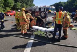 Emergency responders prepare to transport a person injured in a crash on the Capital Beltway in Bethesda. (Courtesy Pete Piringer)