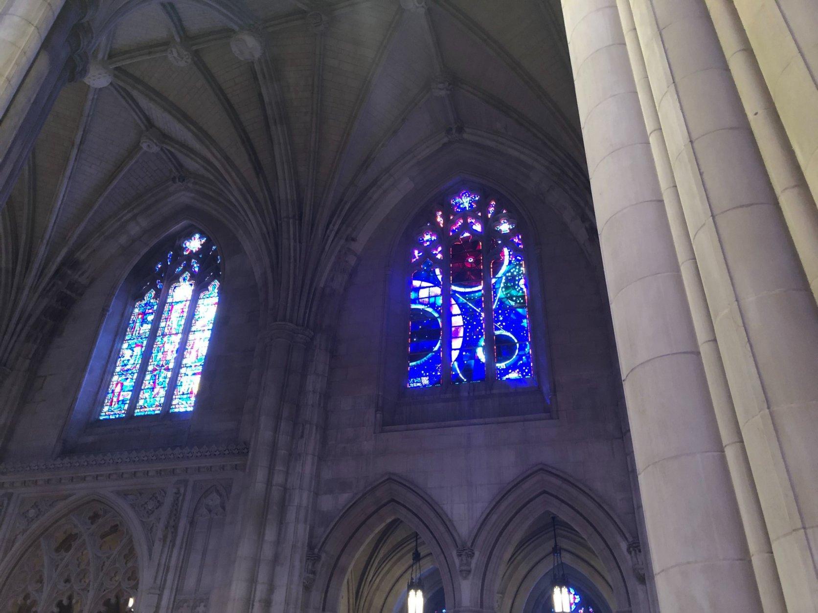 <p>What&#8217;s commonly known now as the &#8220;Space Window&#8221; is the 13th design that was up for consideration as artists and church leaders went back and forth deciding what image would best depict the themes of science, technology and space. By the 12th round of negotiations, the artist had had enough.</p>

