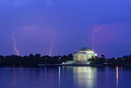 Lightning is seen over the Jefferson Memorial during a storm on July 6, 2019, in D.C. (WTOP/Dave Dildine)