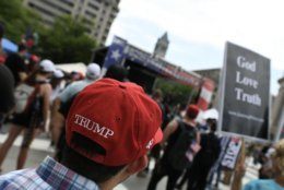 A supporter of President Donald Trump attends the right-wing “Demand Free Speech” rally in Washington D.C.’s Freedom Plaza on July 6, 2019. Trump supporters and anti-fascist organizers held dueling rallies across the street from each other, leading to high tensions as D.C. and U.S. Park Police largely held the peace. (WTOP/Alejandro Alvarez)