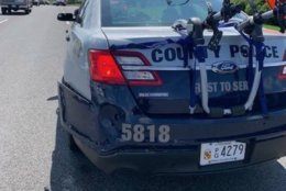 Prince George's County police say this police cruiser was damaged when a man riding an ATV in an illegal area crashed into the rear of the vehicle. 