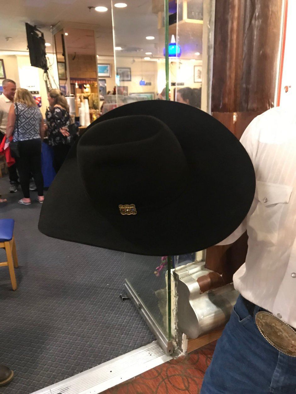The hat is made of felt, has a gold buckle with a diamond, ruby and sapphire in it. (WTOP/Dick Uliano)