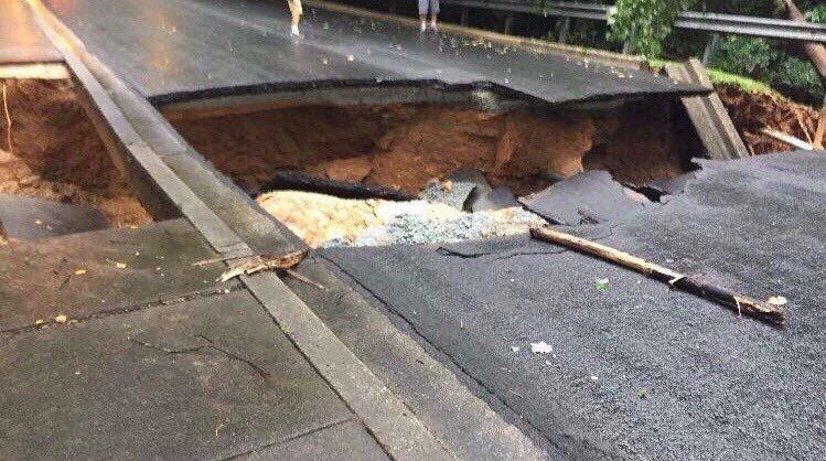 In Potomac, Maryland, a sinkhole blocked Belfast Road near Macarthur Boulevard. (Courtesy Montgomery County Fire and EMS Department)