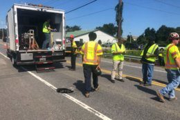 <p>Charlie Gischlar with the Maryland Department of Transportation estimates the sinkhole is about 2 feet wide and 5 to 6 feet deep; it’s likely the result of a damaged pipe, he added.</p>
