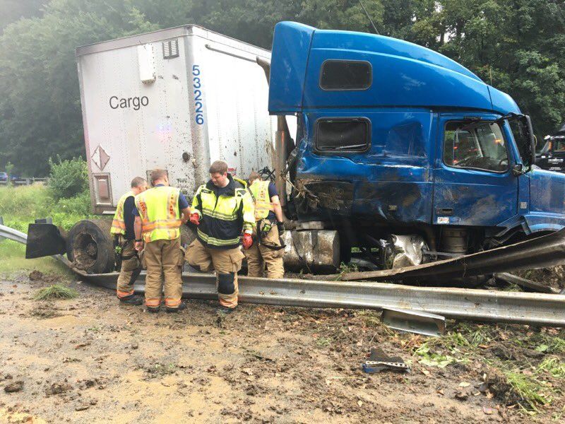 A tractor-trailer jackknifed on the Capital Beltway Monday, July 8, 2019, adding to the problems that drivers already encountered. (Courtesy Montgomery County Fire/Pete Piringer)
