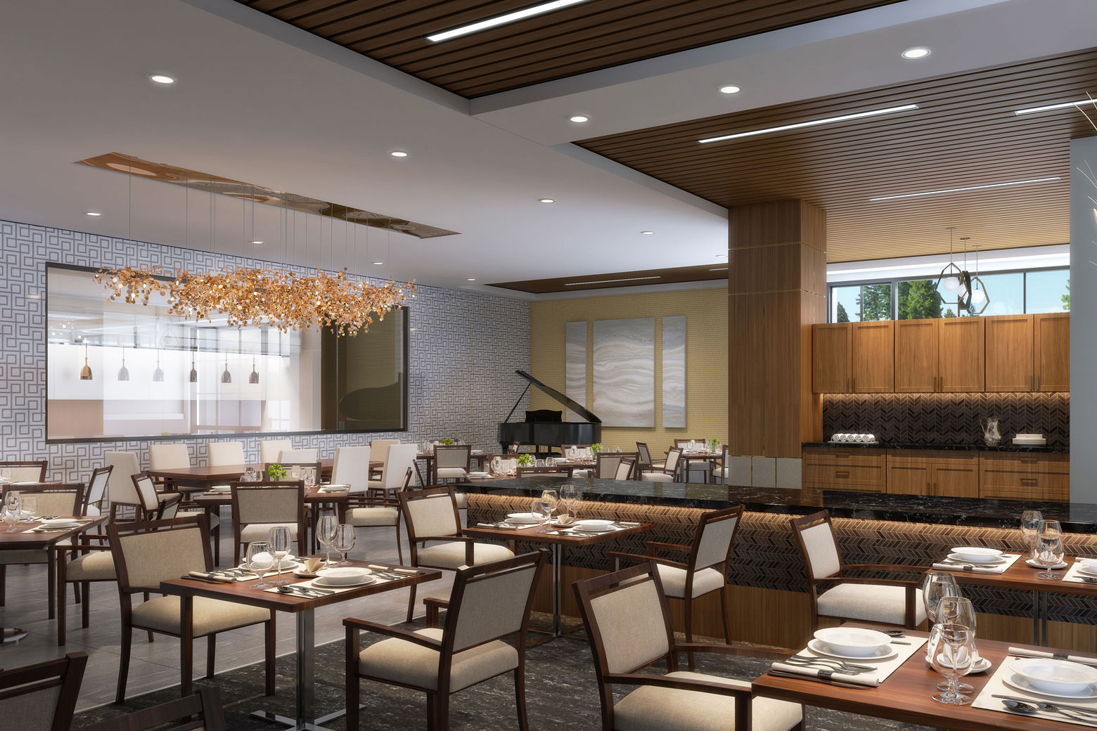 Renderings of the Modena Reserve at Kensington senior living community. The upscale development includes 135 apartments, a 10,000-square-foot courtyard, multiple restaurants, a full-service wine bar, fitness center and a penthouse lounge.