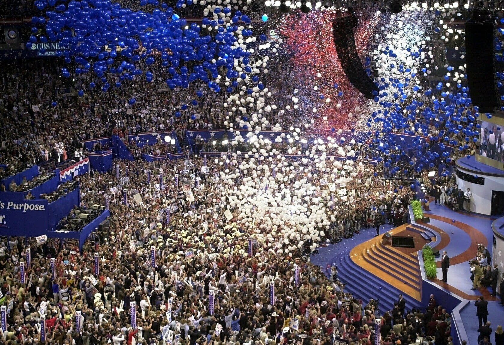<p>In 2000, Republicans awarded Texas Gov. George W. Bush their 2000 presidential nomination at the party&#8217;s convention in Philadelphia and ratified Dick Cheney as his running mate.</p>
<p>Republican presidential candidate George W. Bush accepts his party&#8217;s nomination as a shower of balloons fall to the First Union Center floor at the end of the Republican National Convention in Philadelphia Thursday, Aug. 3, 2000. (AP Photo/Robert F. Bukaty)</p>

