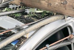 Montgomery County Fire and Rescue spokesperson Pete Piringer tweeted photos of the downed utility pole on the driver's car in Burtonsville, Maryland, on Wednesday, Aug. 14, 2019.