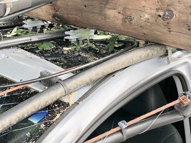 Montgomery County Fire and Rescue spokesperson Pete Piringer tweeted photos of the downed utility pole on the driver's car in Burtonsville, Maryland, on Wednesday, Aug. 14, 2019.
