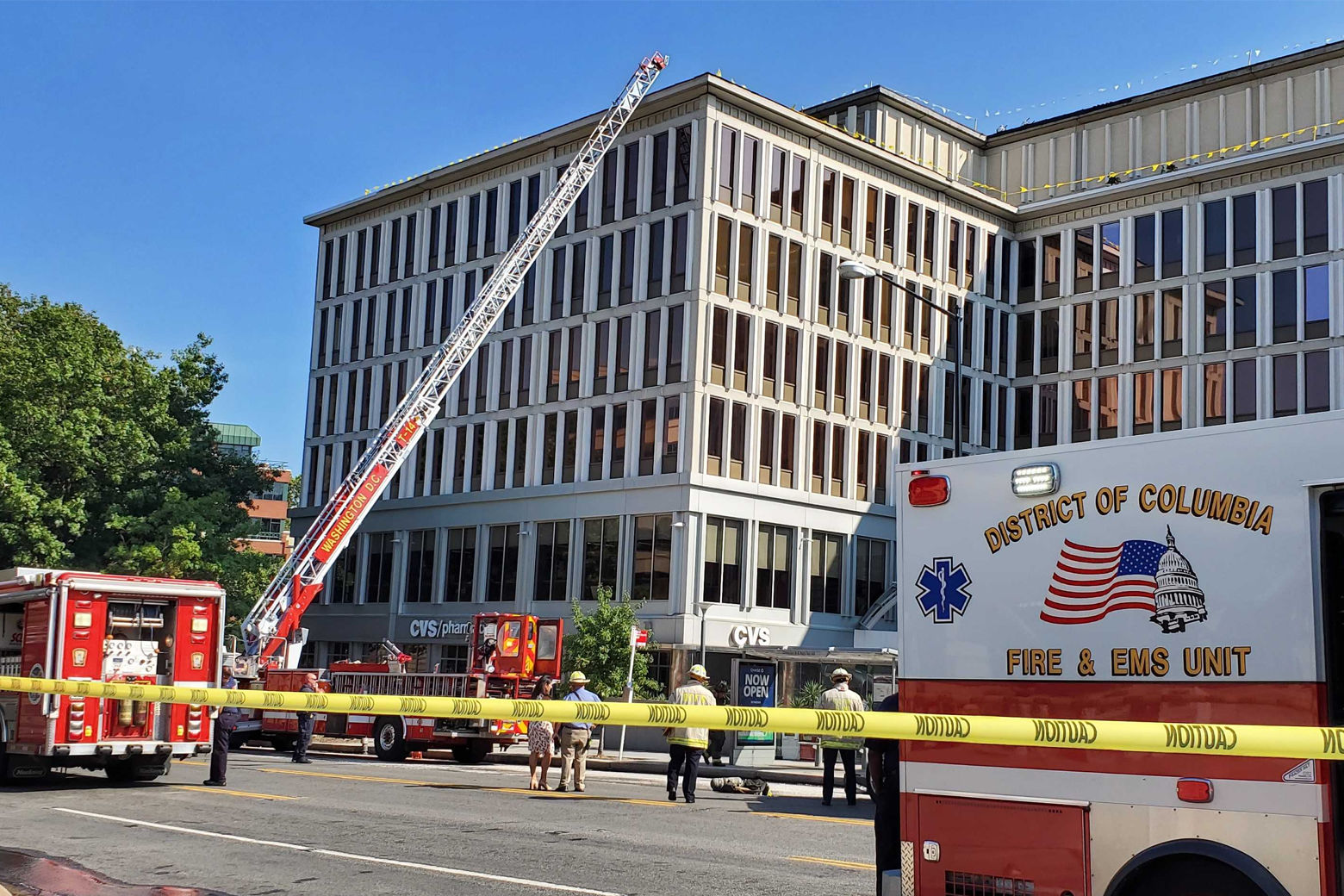 D.C. firefighters battled a blaze Wednesday morning at a large office building above the Van Ness Metro in Northwest D.C.