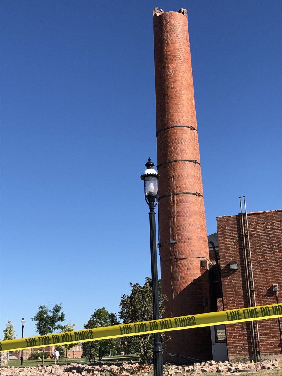 The explosion caused the top portion of a smokestack to crumble to the ground. (Courtesy Baltimore County Fire Department)