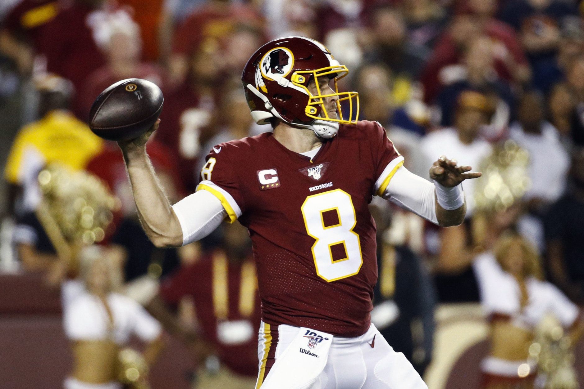 Washington Redskins quarterback Case Keenum throws during the first half of an NFL football game against the Chicago Bears, Monday, Sept. 23, 2019, in Landover, Md. (AP Photo/Patrick Semansky)