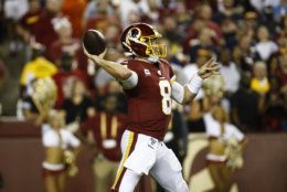 Washington Redskins quarterback Case Keenum (8) throws during the first half of an NFL football game against the Chicago Bears, Monday, Sept. 23, 2019, in Landover, Md. (AP Photo/Patrick Semansky)