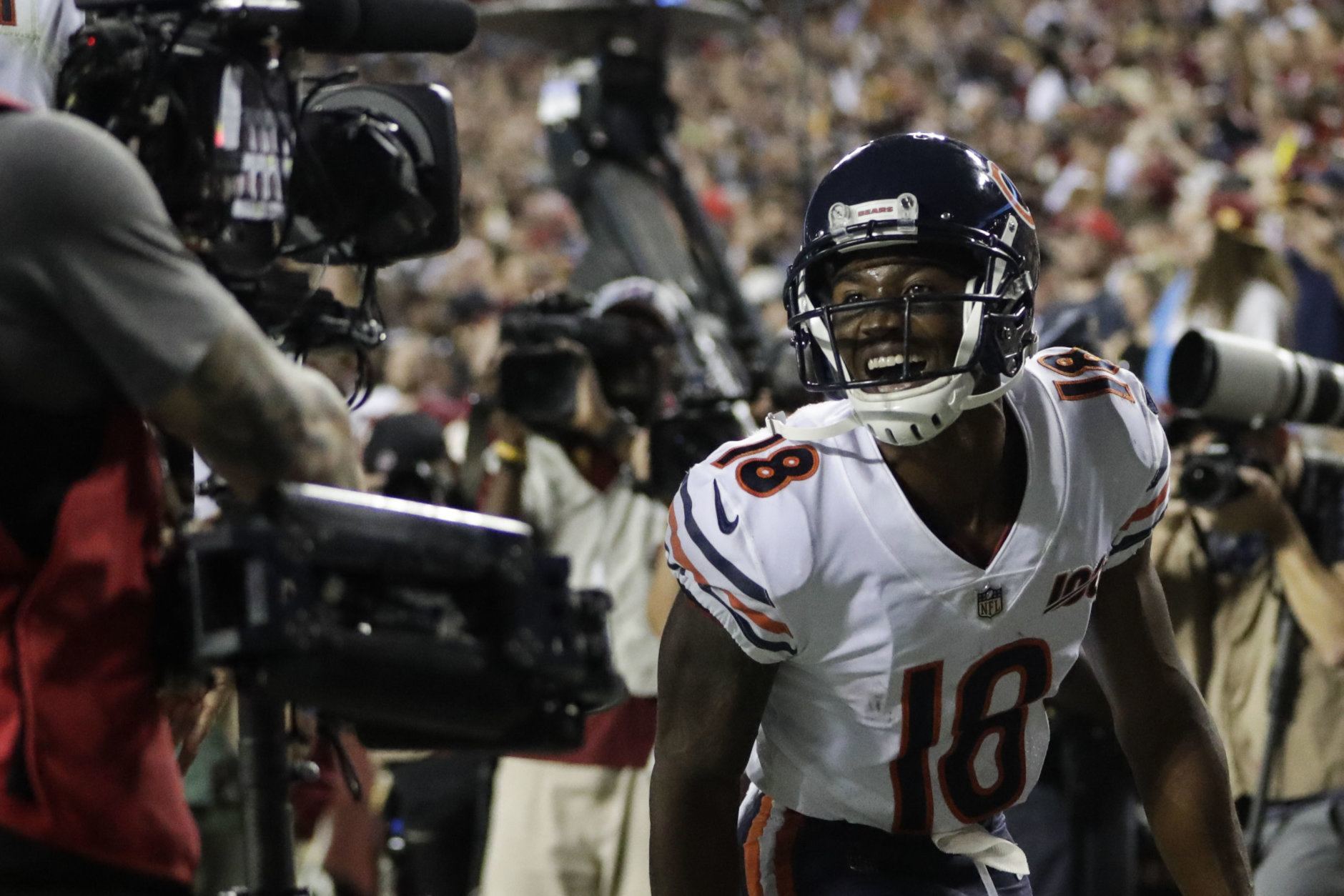 Chicago Bears wide receiver Taylor Gabriel celebrates his touchdown pass during the first half of an NFL football game against the Washington Redskins, Monday, Sept. 23, 2019, in Landover, Md. (AP Photo/Julio Cortez)