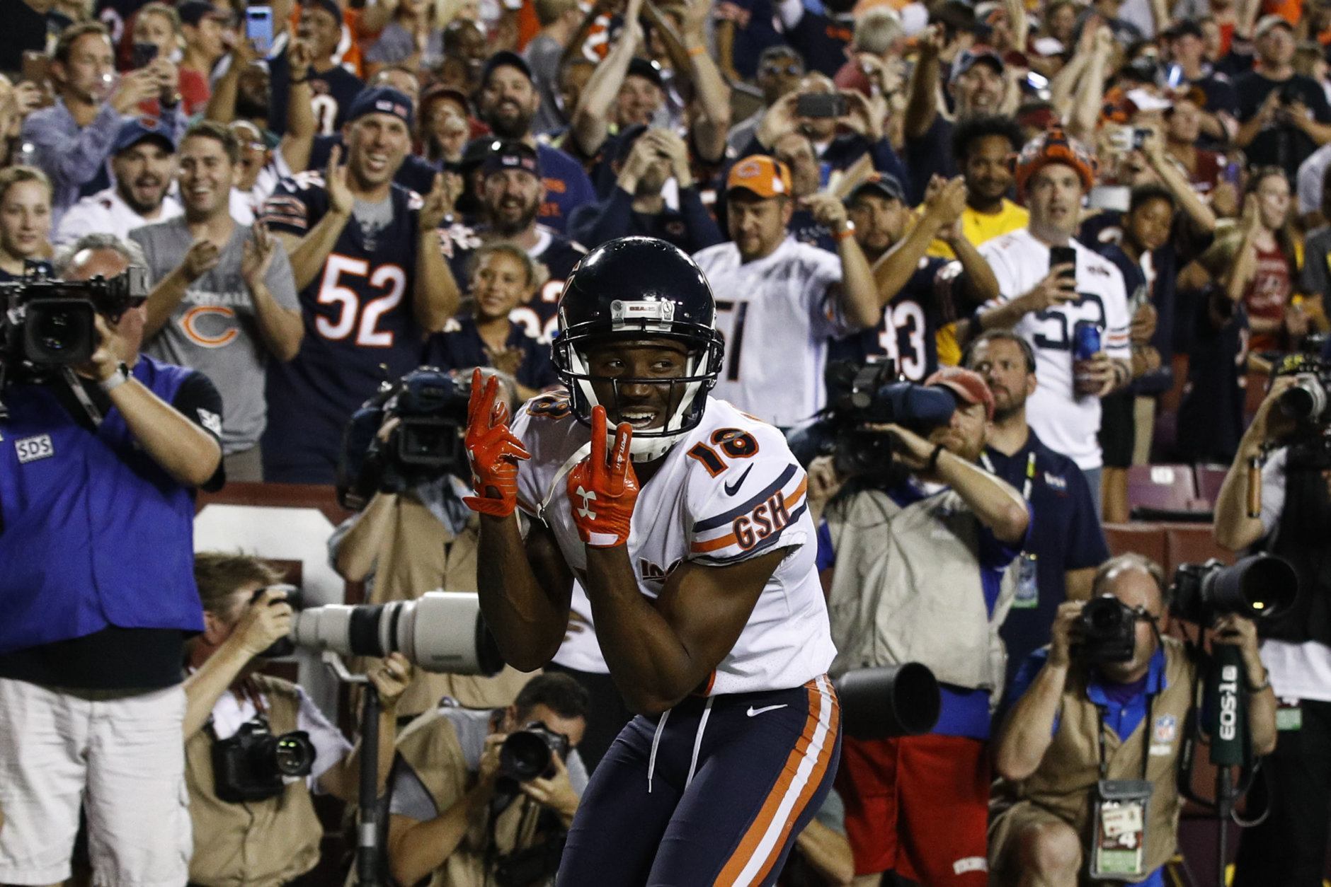 Chicago Bears wide receiver Taylor Gabriel (18) celebrates his touchdown pass during the first half of an NFL football game against the Washington Redskins, Monday, Sept. 23, 2019, in Landover, Md. (AP Photo/Patrick Semansky)