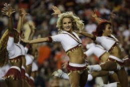 The Washington Redskins cheerleaders perform during the first half of an NFL football game between the Washington Redskins and the Chicago Bears, Monday, Sept. 23, 2019, in Landover, Md. (AP Photo/Julio Cortez)
