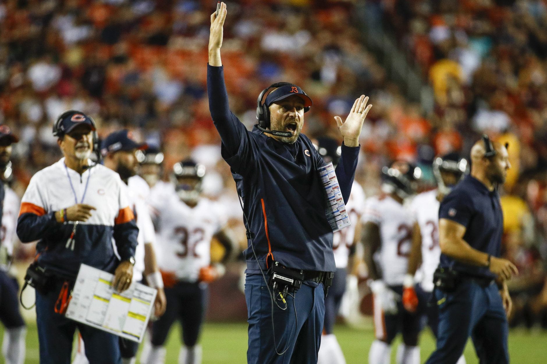 Chicago Bears head coach Matt Nagy, center, celebrates a touchdown by wide receiver Taylor Gabriel (18) after an official's review during the first half of an NFL football game against the Washington Redskins, Monday, Sept. 23, 2019, in Landover, Md. (AP Photo/Patrick Semansky)