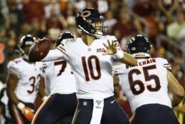 Chicago Bears quarterback Mitchell Trubisky (10) passes the ball during the first half of an NFL football game against the Washington Redskins, Monday, Sept. 23, 2019, in Landover, Md. (AP Photo/Patrick Semansky)