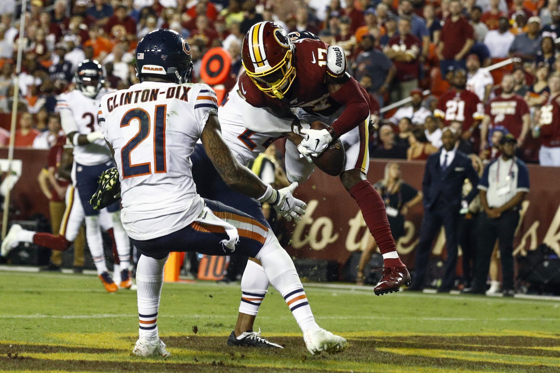 <p><em><strong>Bears 31</strong></em><br />
<em><strong>Redskins 15</strong></em></p>
<p>The one and only thing the &#8216;Skins can feel good about is Terry McLaurin, the first player in NFL history to notch at least five catches and a receiving touchdown in each of his first three games. With apologies to Gardner Minshew (and his mustache), Scary Terry&#8217;s the steal of the 2019 NFL Draft.</p>
<p>But HaHa got the last laugh. Clinton-Dix got a Pick 6 in his return to FedEx Field to help Chicago snap a 7-game losing streak against a Redskins team that has now lost eight straight on Monday Night Football and 24 of the 30 they&#8217;ve played on MNF since 1997. Oof.</p>
