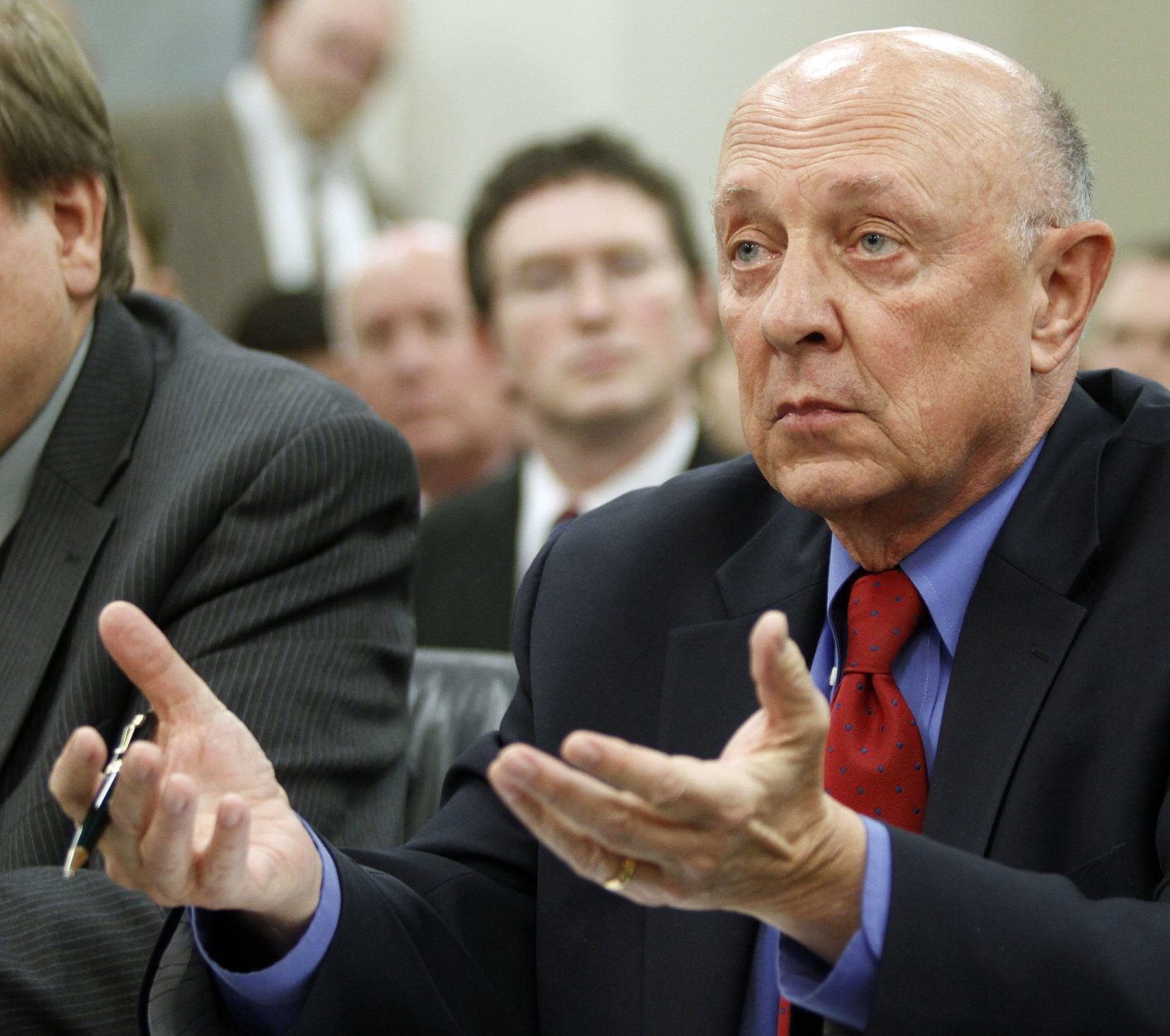 Former CIA Director R. James Woolsey testifies before a state legislative committee on the legalization of growing hemp at the Capitol Annex in Frankfort, Ky., Monday, Feb. 11, 2013. (AP Photo/James Crisp)