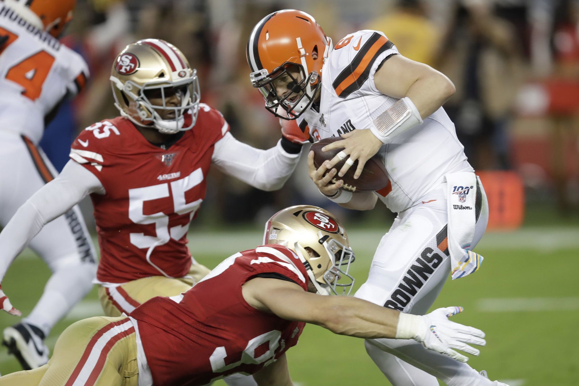 <p><em><strong>Browns 3</strong></em><br />
<em><strong>49ers 31</strong></em></p>
<p>San Francisco&#8217;s run for 800 yards in four games. The defense completely shut down Cleveland to not only make a primetime statement that they&#8217;re for real, but the undefeated Niners planted a flag atop the NFC West entering a big showdown with the Rams at the Coliseum.</p>
