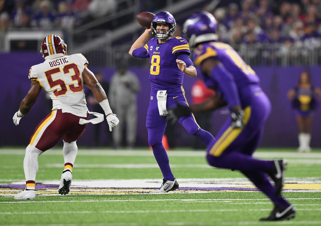 <p><b><i>Redskins 9</i></b><br />
<b><i>Vikings 19</i></b></p>
<p>This was a predictable result in the intersection of the previously intertwined prime-time struggles for Kirk Cousins and the Redskins. Cousins got the victory to cap a <a href="https://profootballtalk.nbcsports.com/2019/10/25/kirk-cousins-concludes-a-stellar-october/">stellar month of the October</a>, while the Skins were held out of the end zone (<a href="https://twitter.com/chucksapienza/status/1187565426122936321?s=20">again</a>) thanks in part to the ongoing QB carousel set off by his departure. Success really is the best revenge.</p>
