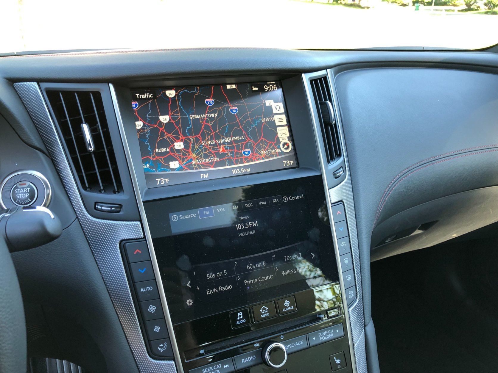 <p>Simple gauges greet the driver. They are large and easy to read. I personally liked the analog look. The Q50 has not one, but two center screens which may take some time getting used to.</p>
