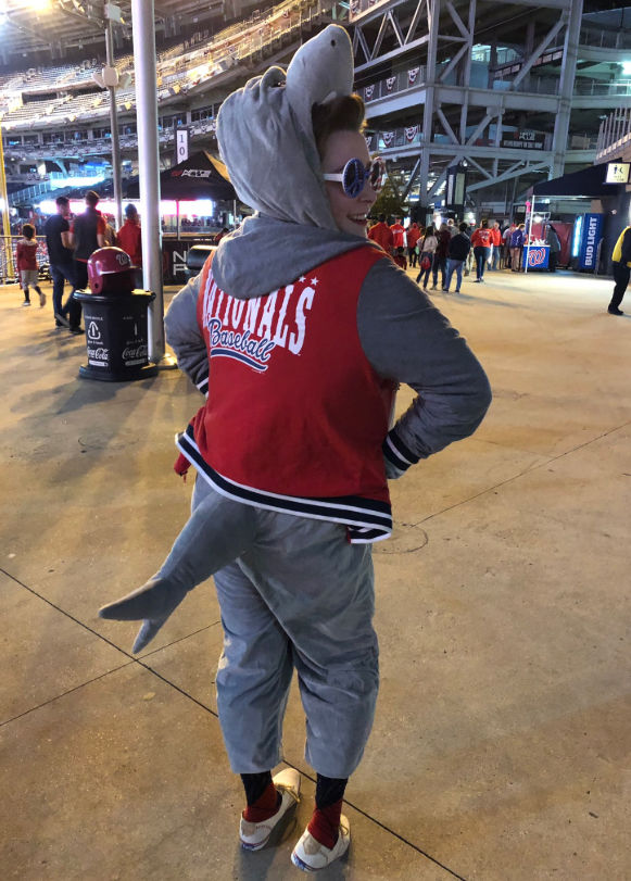 woman in shark costume at Nationals game