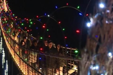 The longest pedestrian suspension bridge in North America is all lit up for the holidays