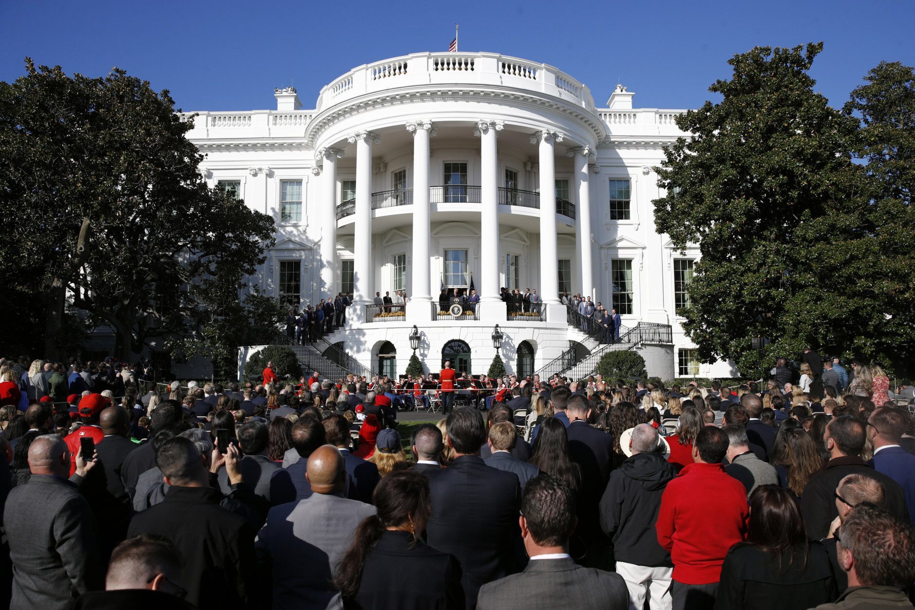 President Donald Trump speaks during an event to honor the 2019 World Series champion Washington Nationals at the White House, Monday, Nov. 4, 2019, in Washington. (AP Photo/Patrick Semansky)