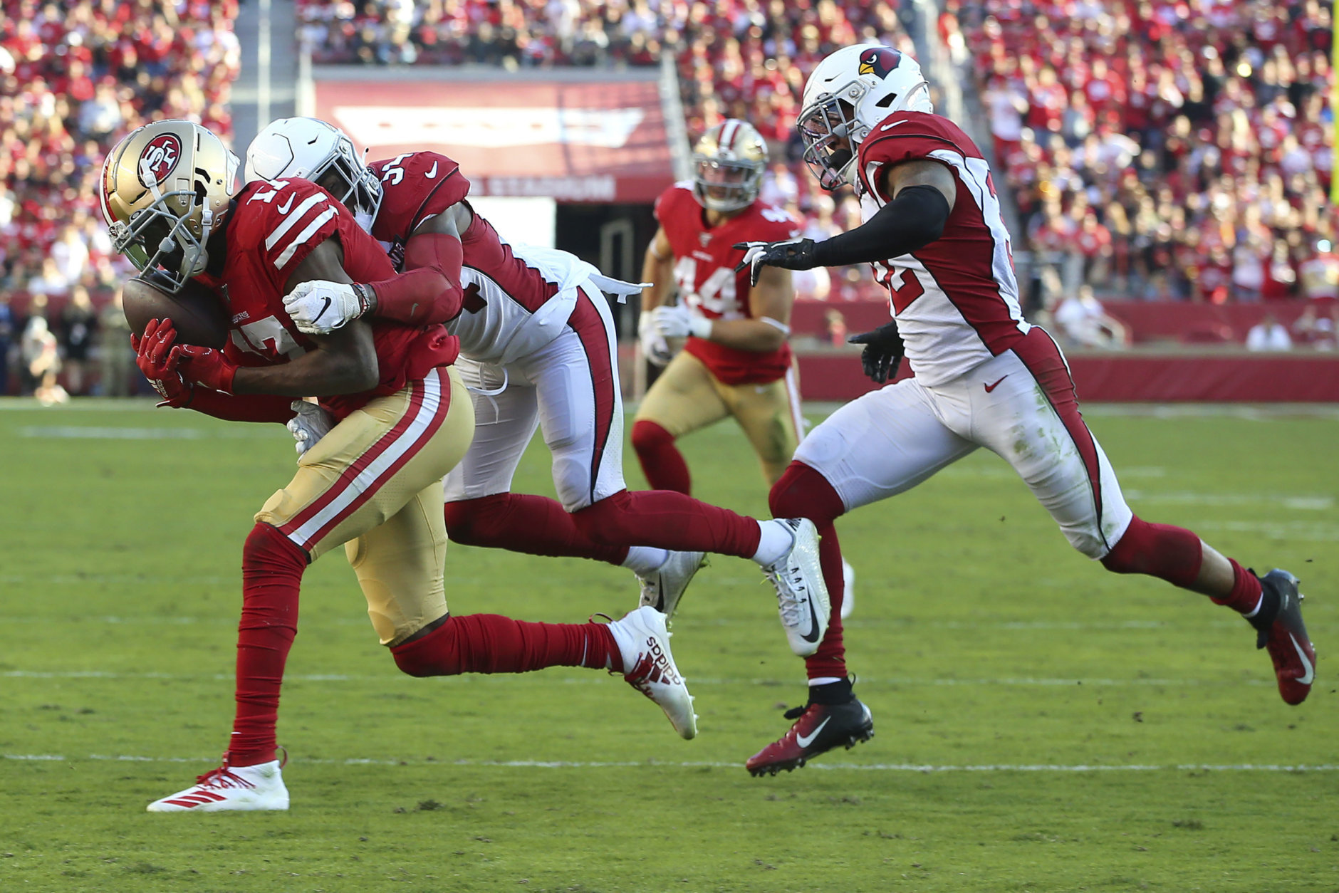 <p><b><i>Cardinals 26</i></b><br />
<b><i>49ers 36</i></b></p>
<p>Kyler Murray had a fast start and <a href="https://profootballtalk.nbcsports.com/2019/11/11/chandler-jones-has-a-chance-to-lead-league-in-sacks-and-forced-fumbles/" target="_blank" rel="noopener">Chandler Jones kept up his torrid pace, </a>but Arizona&#8217;s so bad <a href="https://www.espn.com/chalk/story/_/id/28104832/last-second-49ers-td-worst-case-scenario-caesars-some-cardinals-bettors" target="_blank" rel="noopener">they can&#8217;t even lose right</a>.</p>
<p>But give it up for Jimmy G. He needed to prove he can carry San Fran when necessary, and his first 400-yard, 4-TD game certainly demonstrated that.</p>
