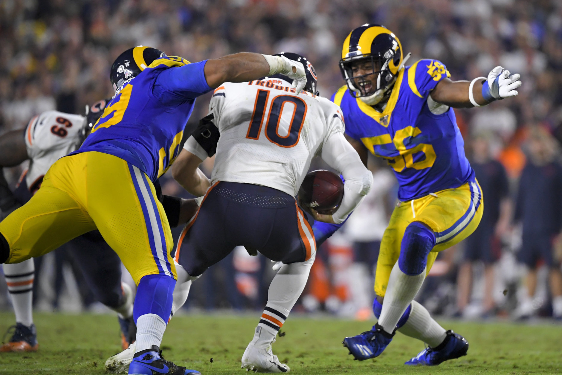 <p><b><i>Bears 7</i></b><br />
<b><i>Rams 17</i></b></p>
<p>If <a href="https://profootballtalk.nbcsports.com/2019/11/13/eddie-jackson-finds-his-interception-drought-stressful/" target="_blank" rel="noopener">Eddie Jackson&#8217;s interception drought</a> is stressful, Chicago must be having a nervous breakdown over Mitchell Trubisky. The Bears&#8217; decision to trade up for the second coming of Josh Freeman rather than Patrick Mahomes or Deshaun Watson is undermining the efforts of a great defense and will haunt Chicago for decades.</p>
