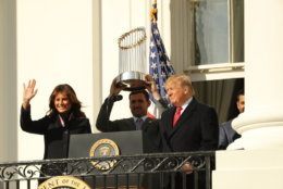 WASHINGTON, DC - NOVEMBER 04: First baseman Ryan Zimmerman (C) holds up the Commissioner's Trophy as U.S. President Donald Trump and first lady Melania Trump welcome the 2019 World Series Champions, the Washington Nationals, to the White House November 4, 2019 in Washington, DC. The Nationals are Washington’s first Major League Baseball team to win the World Series since 1924. (Photo by Chip Somodevilla/Getty Images)