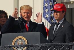 WASHINGTON, DC - NOVEMBER 04: U.S. President Donald Trump reacts to Washington National catcher Kurt Suzuki wearing a 'Make America Great Again' cap during a celebration of the 2019 World Series Champions at the White House November 04, 2019 in Washington, DC. The Nationals are Washington’s first Major League Baseball team to win the World Series since 1924. (Photo by Chip Somodevilla/Getty Images)