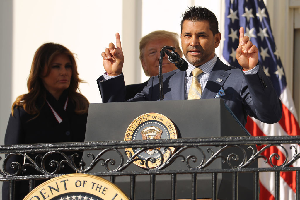 WASHINGTON, DC - NOVEMBER 04: 2019 World Series Champions the Washington Nationals General Manager Dave Martinez delivers remarks at the invitation of U.S. President Donald Trump during a celebration at the White House November 04, 2019 in Washington, DC. The Nationals are Washington’s first Major League Baseball team to win the World Series since 1924. (Photo by Chip Somodevilla/Getty Images)