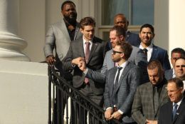 WASHINGTON, DC - NOVEMBER 04: 2019 World Series Champions Washington Nationals players (front row L-R) Fernando Rodney, Trea Turner, Aaron Burnett, Brian Dozier, Matt Adams and others stand on the Truman Balcony during a celebration of their victory at the White House November 04, 2019 in Washington, DC. The Nationals are Washington’s first Major League Baseball team to win the World Series since 1924. (Photo by Chip Somodevilla/Getty Images)