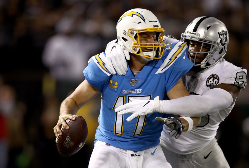 <p><b><i>Chargers 24</i></b><br />
<b><i>Raiders 26</i></b></p>
<p>In the last prime time game at the Oakland Coliseum, Clelin Ferrell had <a href="https://twitter.com/ESPNStatsInfo/status/1192659624366874625?s=20" target="_blank" rel="noopener">one of the best performances</a> by a rookie Raiders pass rusher and Josh Jacobs punched in the game-winning touchdown. I&#8217;m not ready to say the Silver and Black is back, but their first-round picks from last year&#8217;s fire sale are certainly making it look like <a href="https://profootballtalk.nbcsports.com/2019/11/08/jon-gruden-is-making-a-case-for-coach-of-the-year/" target="_blank" rel="noopener">Jon Gruden knows what he&#8217;s doing after all</a>.</p>
<p>And it looks like the beginning of the end for Philip Rivers in powder blue. His performance was uglier than his hideous 57.5 QB rating would imply, and at 38 years old; it&#8217;s probably not his last stinker.</p>
