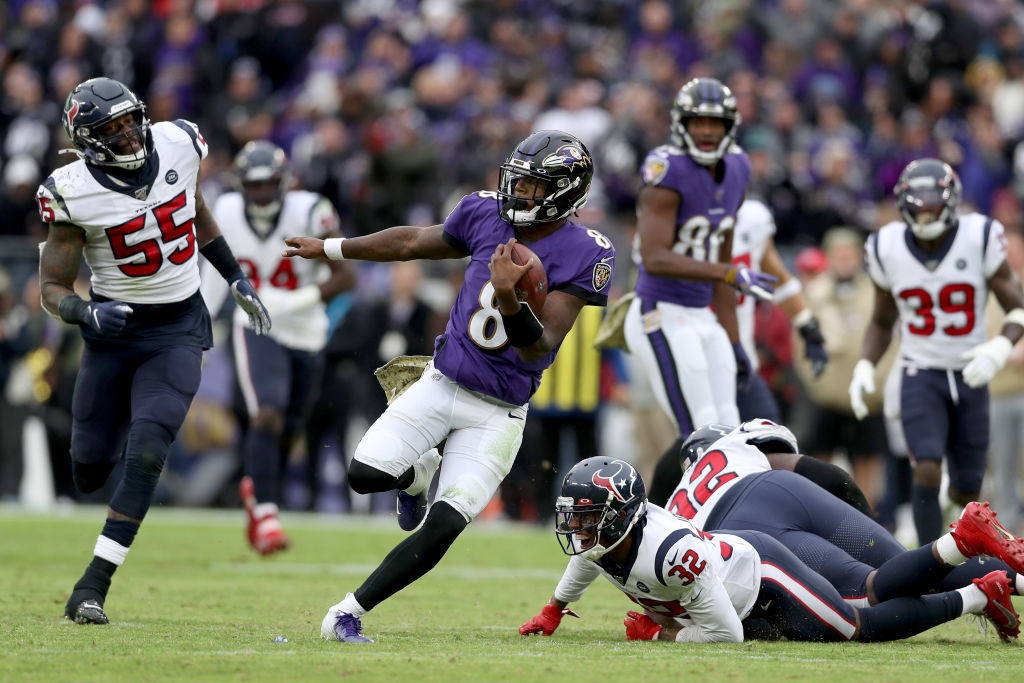 <p><b><i>Texans 7</i></b><br />
<b><i>Ravens 41</i></b></p>
<p>Though the duel between Deshaun Watson and Lamar Jackson failed to live up to its billing, Jackson&#8217;s MVP campaign is going strong. During Baltimore&#8217;s six-game win streak, he&#8217;s outplayed and beaten Watson, Russell Wilson and Tom Brady, and he&#8217;s now the first Raven to notch multiple 4-TD games in a season. Sky is the limit for this 22-year-old phenom — and for <a href="https://twitter.com/SNFonNBC/status/1196192537830133761?s=20" target="_blank" rel="noopener">Mark Ingram&#8217;s post-playing career as a hype man</a>.</p>
