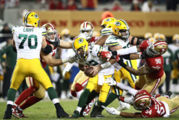 <p><b><i>Packers 8</i></b><br />
<b><i>49ers 37</i></b></p>
<p>San Francisco kicked off <a href="https://profootballtalk.nbcsports.com/2019/11/20/49ers-could-be-starting-a-historically-difficult-stretch/" target="_blank" rel="noopener">a historically difficult stretch</a> in style, with a primetime pummeling of the Packers (try and say that three times fast), sacking future Hall-of-Famer Aaron Rodgers five times and holding him to <a href="https://twitter.com/ESPNStatsInfo/status/1198821020423077889?s=20" target="_blank" rel="noopener">a historically inept</a> 104 passing yards on 33 attempts (an awful 3.2 yards per pass). This top-ranked 49ers pass defense is for real and the main reason why this is a legit Super Bowl contender.</p>
<p>So, Green Bay better hope their path to the Super Bowl somehow stays east of the Mississippi River because <a href="https://profootballtalk.nbcsports.com/2019/11/18/packers-change-west-coast-travel-plans-for-this-week/" target="_blank" rel="noopener">no matter what they do</a>, they&#8217;re 0-for-West Coast.</p>
