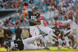<p><b><i>Bucs 28</i></b><br />
<b><i>Jaguars 11</i></b></p>
<p>On a day when <a href="https://profootballtalk.nbcsports.com/2019/11/25/jameis-winston-reaches-100-career-turnovers/">The Human Turnover</a> actually refrained from throwing an interception, Jacksonville decided Minshew Magic trumps the Nick Foles brand of magic that apparently only works in Philadelphia. I&#8217;ll bet the quarterback change won&#8217;t be the only one made by the Jags in the coming weeks.</p>
