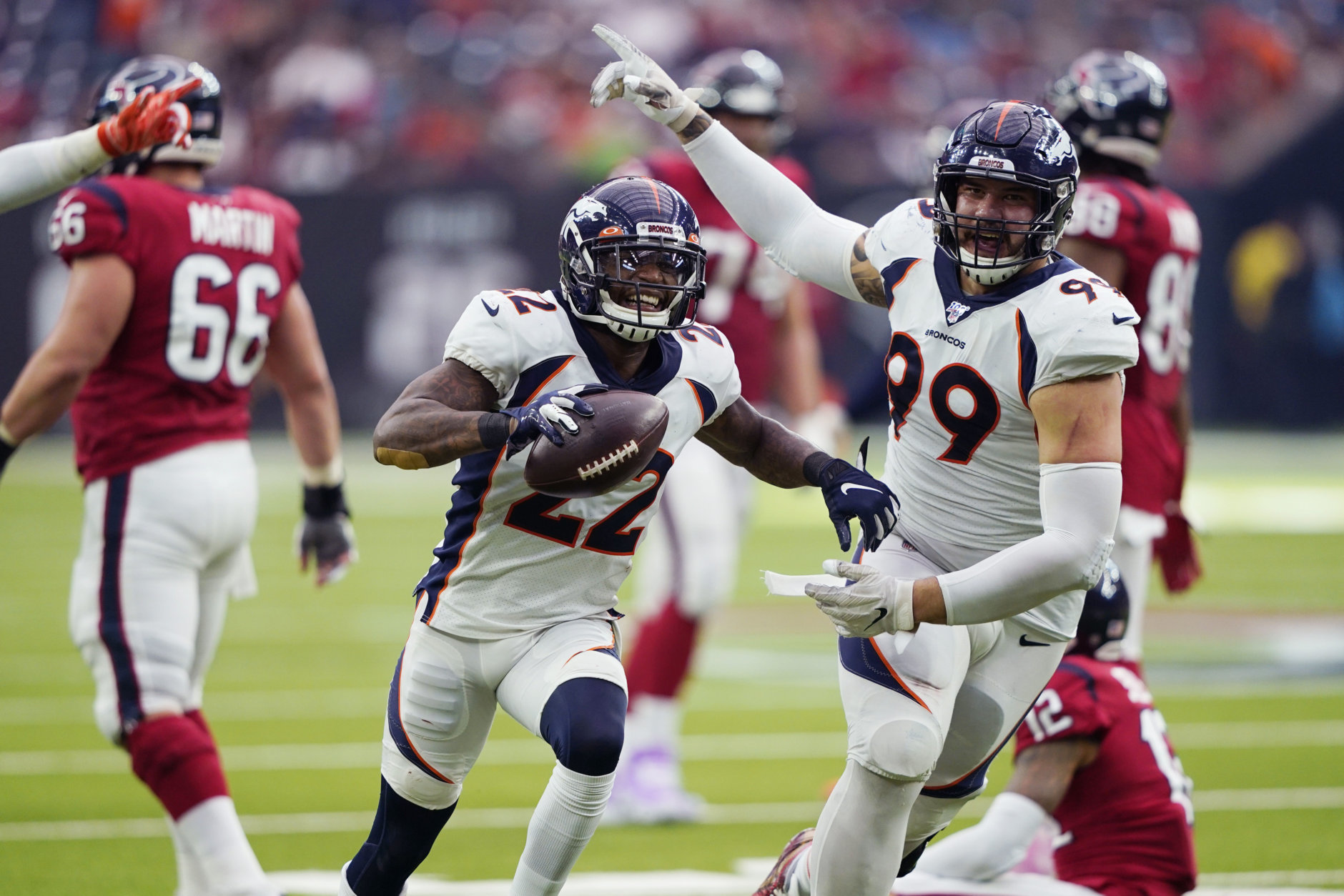 <p><b><i>Broncos 38</i></b><br />
<b><i>Texans 24</i></b></p>
<p>Houston has a problem. Rookie Drew Lock had a near-perfect passer rating in the first half of his second start and <a href="https://profootballtalk.nbcsports.com/2019/12/08/kareem-jackson-has-interception-fumble-return-for-touchdown/" target="_blank" rel="noopener">Kareem Jackson tormented his former team</a> to deal the Texans a terrible loss that basically offsets last week&#8217;s quality win over the Patriots. If Houston fails to win their division, we&#8217;ll remember this loss a lot more than we&#8217;ll remember their <a href="https://twitter.com/HoustonTexans/status/1203694582141046784?s=20" target="_blank" rel="noopener">linebackers&#8217; weekly dress-up routine</a>.</p>
