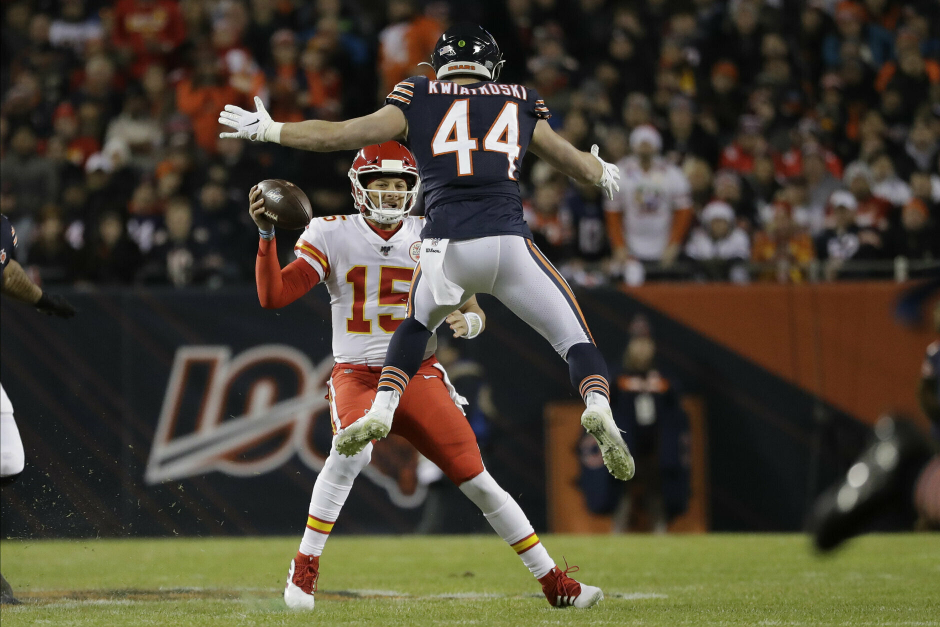 <p><b><i>Chiefs 26</i></b><br />
<b><i>Bears 3</i></b></p>
<p>Look, I&#8217;m not advocating for bribery … but maybe <a href="https://profootballtalk.nbcsports.com/2019/12/16/cordarrelle-patterson-wonders-if-he-should-start-bringing-donuts-for-the-refs/" target="_blank" rel="noopener">Cordarrelle Patterson really should bring doughnuts for the refs</a>.</p>
<p>But Kansas City already has a sweet treat in Patrick Mahomes. In his 30th career game, he became the fastest player to reach 9,000 passing yards and 75 touchdown passes, and <a href="https://twitter.com/MySportsUpdate/status/1208947503585996800?s=20" target="_blank" rel="noopener">trolled the most notable team</a> to pass him by in the 2017 draft. If T-Sizzle helps that Chiefs defense stay on <a href="https://twitter.com/ESPNStatsInfo/status/1208968204057493504?s=20" target="_blank" rel="noopener">its hot streak</a>, this is the only real threat to Baltimore in the AFC.</p>
